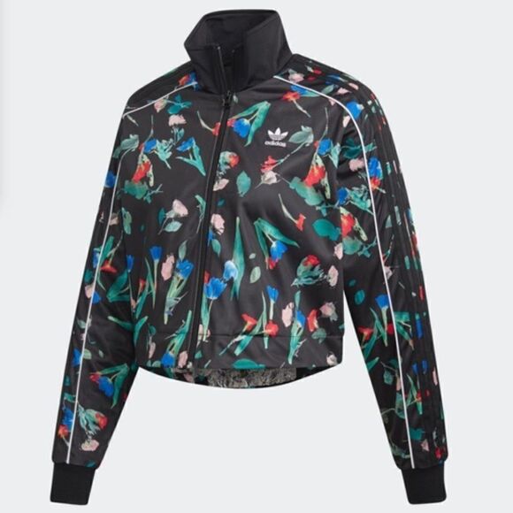 Adidas Originals BELLISTA Black Floral Print Cropped Trefoil Track Jacket - Picture 5 of 16